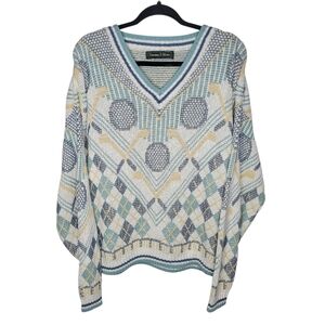 Vintage 80s Dominic & Maria Golf V-Neck Sweater in Cream Blue Size XL